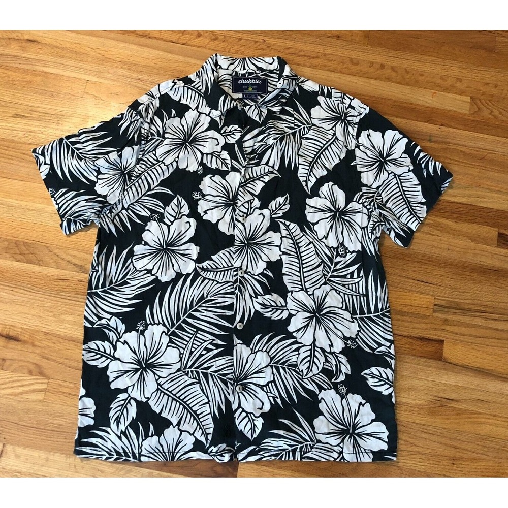 Chubbies Hawaiian Shirt‎ Mens Large Black Floral Short Sleeve Collar Button Down